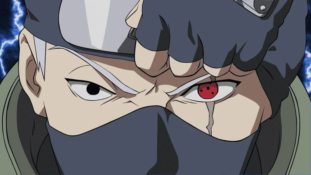 Kakashi reading Icha-Icha Paradise with Sharingan eye visible
